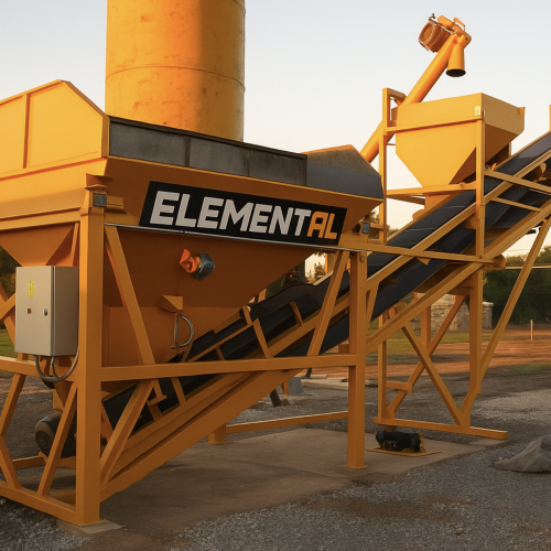 Planta de concreto portátil marca Elemental color amarillo con logo al costado